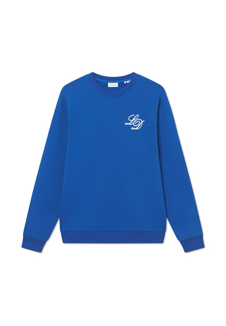 Blauer Sweatshirt mit Rundhals, langen Ärmeln, gerippten Bündchen und Saum. Mit einem weißen "LD" Logo auf der Brust. Hergestellt aus einem glatten Stoff.