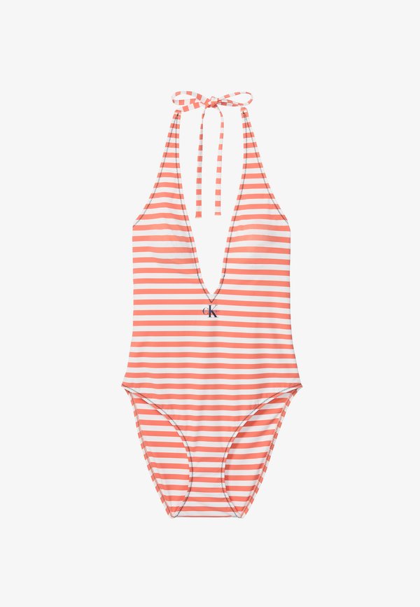 Calvin Klein Swimwear PLUNGE GRAPHIC MONOGRAM - Swimsuit - orange/white