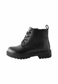 Schwarze Lederstiefeletten mit runder Zehenpartie, Schnürverschluss und rutschfester Gummisohle. Verfügt über eine Zuglasche an der Rückseite für ein bequemes Anziehen.