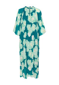 Faltenkleid in Türkis und Mintgrün mit großen Blumenmustern. Mit einem runden Ausschnitt und fließenden Ärmeln. Aus weichem Stoff gefertigt.