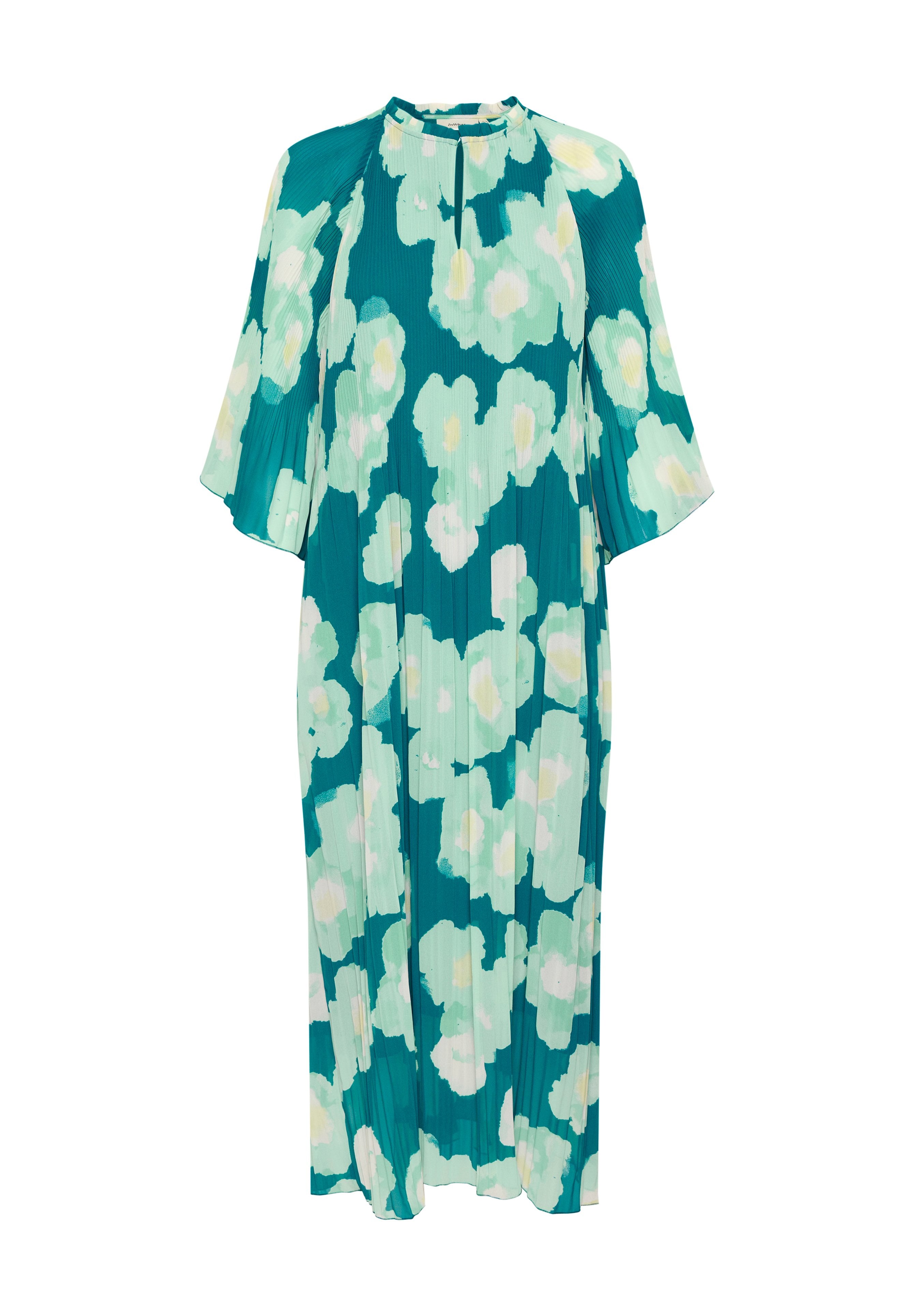 Faltenkleid in Türkis und Mintgrün mit großen Blumenmustern. Mit einem runden Ausschnitt und fließenden Ärmeln. Aus weichem Stoff gefertigt.