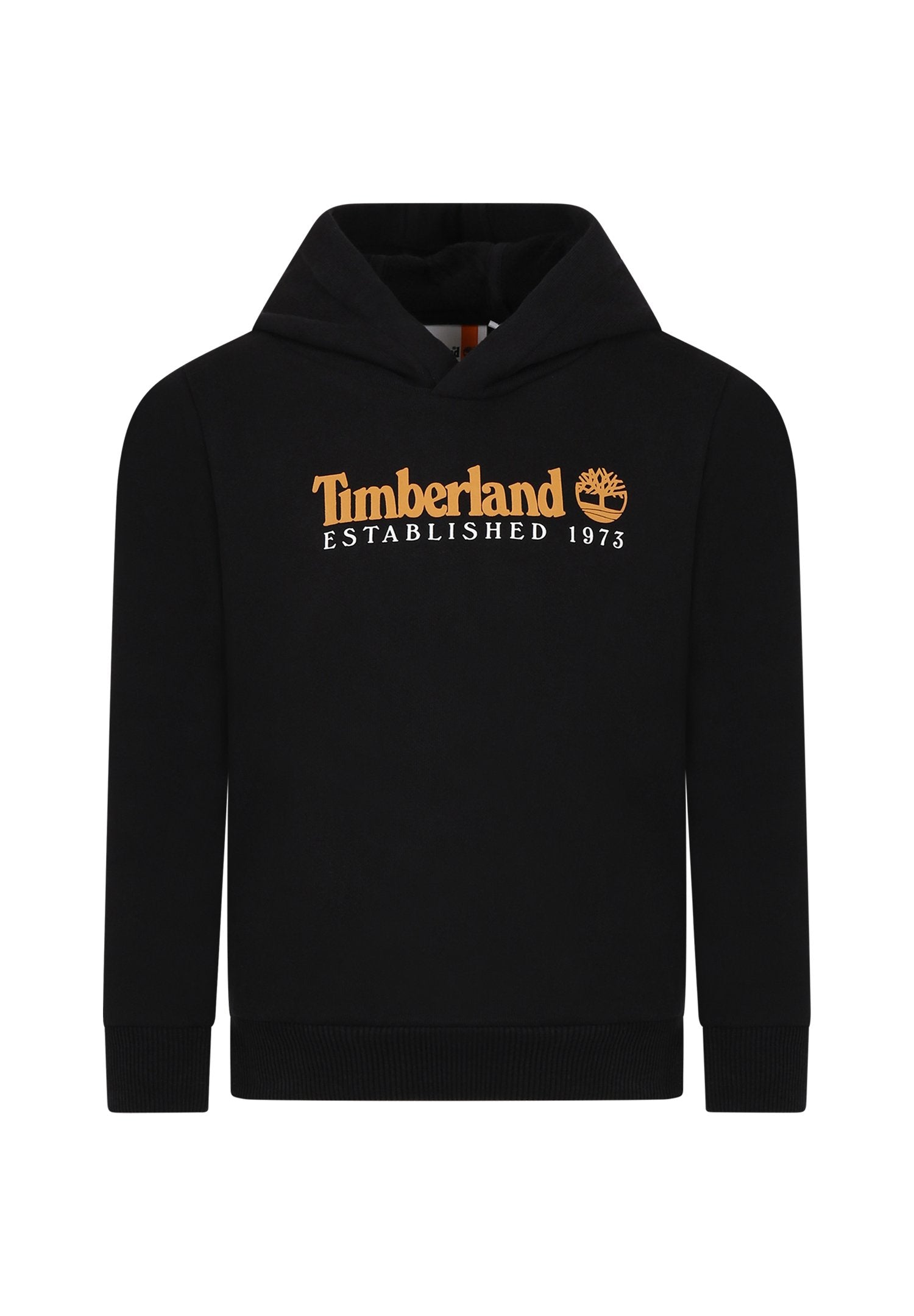 Schwarzer Kapuzenpulli mit gerippten Bündchen und Saum. Mit orangefarbenem "Timberland"-Logo, Gründungsdatum und Baumemblem. Weicher Stoff.