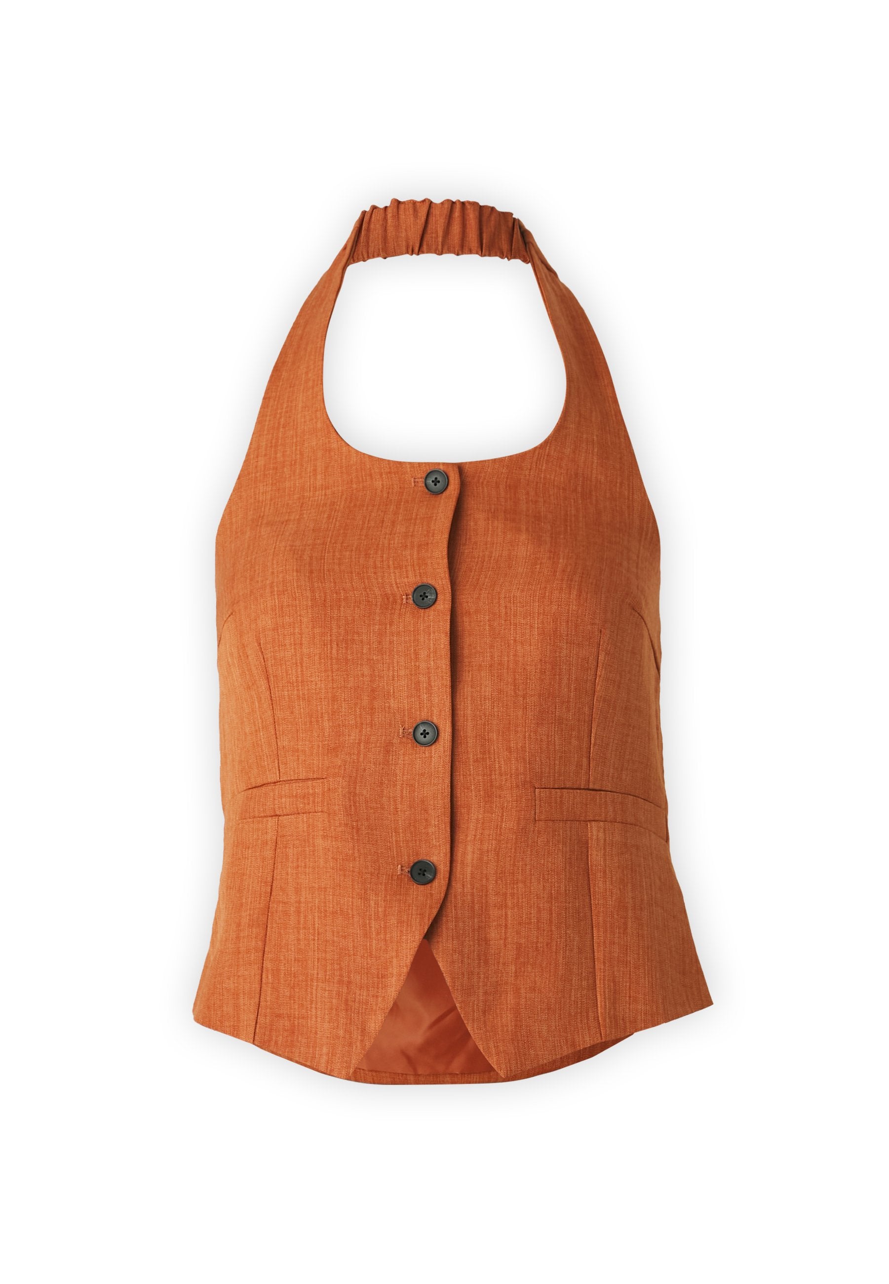 Oranges Haltertop mit gerafftem Ausschnitt, Knopfverschluß und gestickten Taschen. Hergestellt aus strukturiertem Material, mit ausgestelltem Saum.