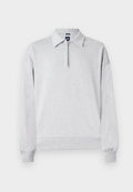Grauer Sweatshirt mit einem halben Reißverschluss-Kragen, langen Ärmeln und gerippten Bündchen sowie Saum. Hergestellt aus weichem, strukturiertem Stoff. Einfaches, unaufgeregtes Design.