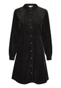 Schwarzes Cordkleid mit langen Ärmeln, hohem Kragen und Knopfverschluss auf der Vorderseite. Verfügt über eine sichtbare gerippte Textur und eine taillierte Taille.