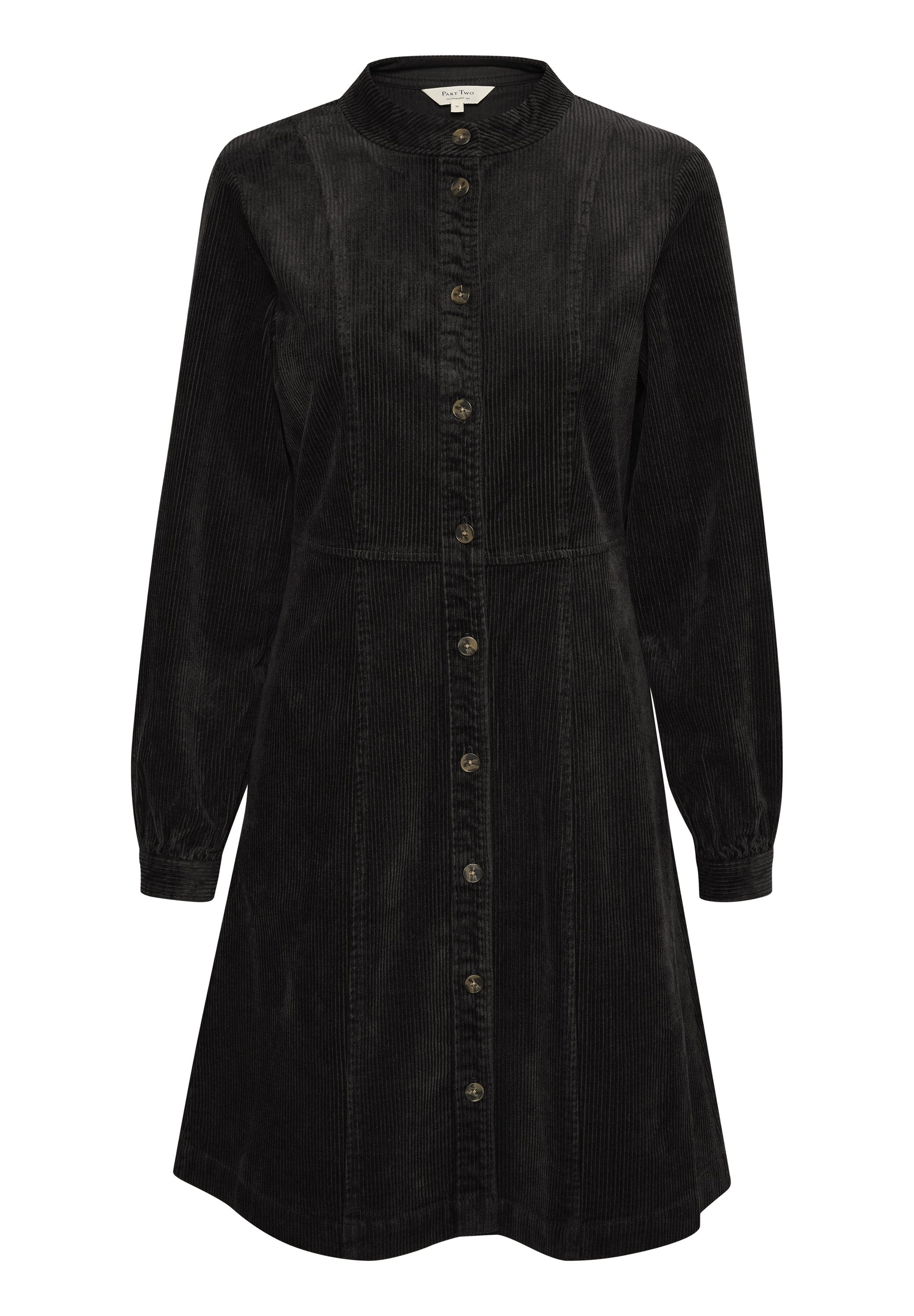 Schwarzes Cordkleid mit langen Ärmeln, hohem Kragen und Knopfverschluss auf der Vorderseite. Verfügt über eine sichtbare gerippte Textur und eine taillierte Taille.