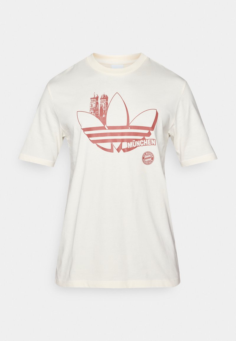 Cremefarbenes Baumwoll-T-Shirt mit einem roten Grafikdruck, der ein dreiblättriges Logo und die Skyline von München zeigt, kurzen Ärmeln und rundem Ausschnitt.