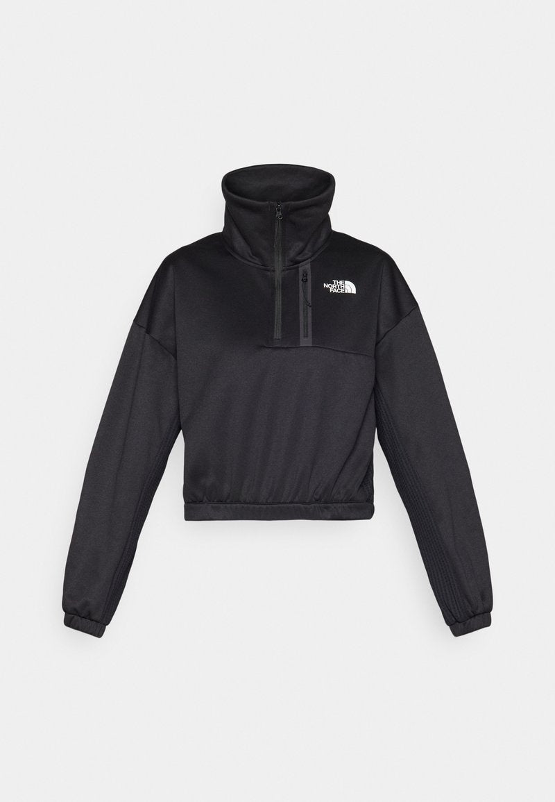 Schwarzer, cropped Pullover-Sweatshirt mit hohem Kragen, halbem Reißverschluss, gerippten Akzenten und dem North Face-Logo auf der Brust. Hergestellt aus glattem Stoff.