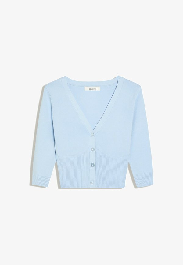 Bershka CROPPED V-NECK SHORT SLEEVE JACKET - CARDIGAN - Cardigan - dark blue