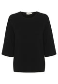 Schwarzes T-Shirt mit kurzen Ärmeln, aus leichtem Stoff gefertigt, mit einem runden Halsausschnitt und einem lockeren Schnitt. Die Textur wirkt glatt und weich.