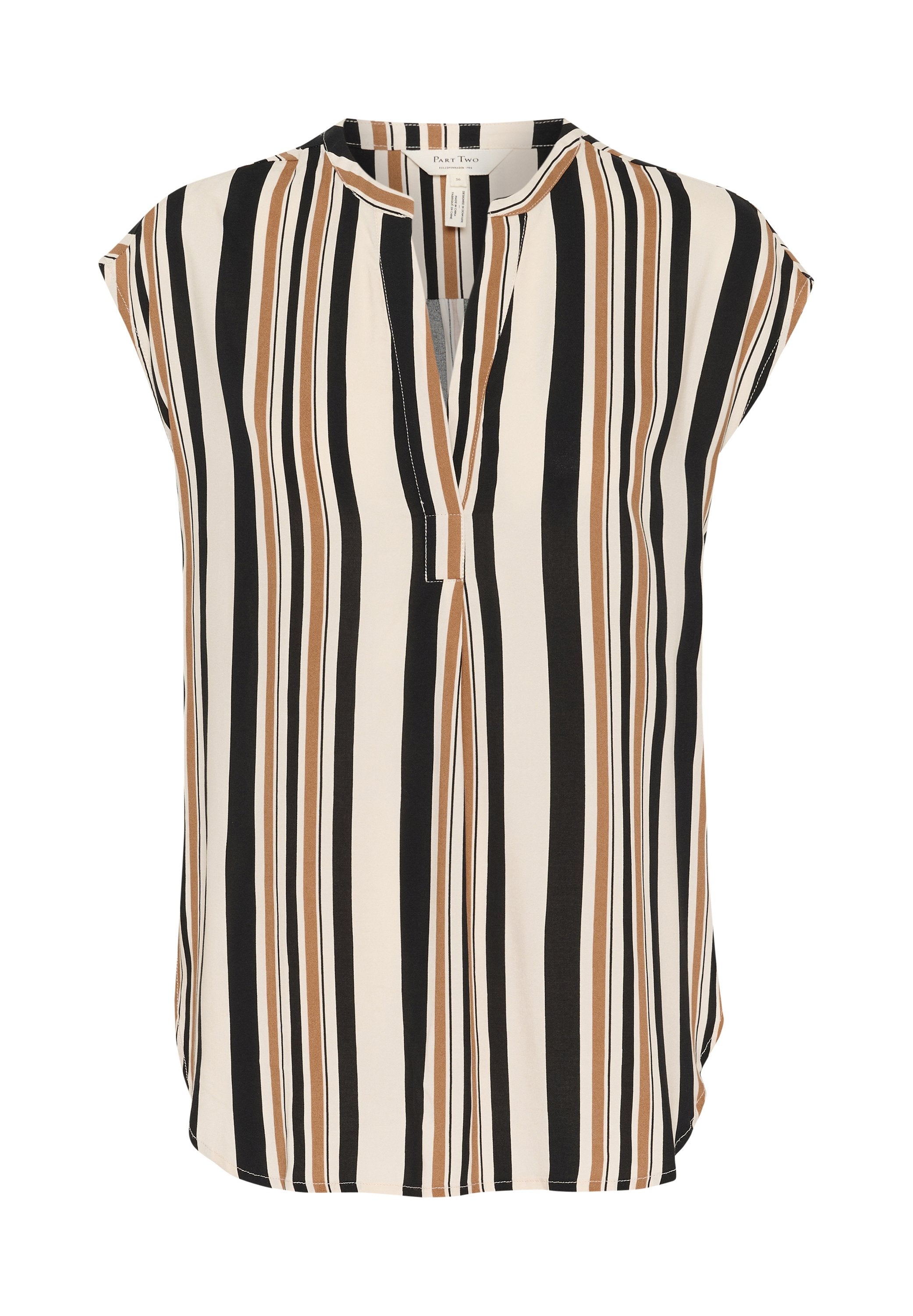 Kurzärmlige Bluse in Creme mit vertikalen Streifen in Schwarz, Braun und Beige. Auffälliger V-Ausschnitt und fließender, leichter Stoff.