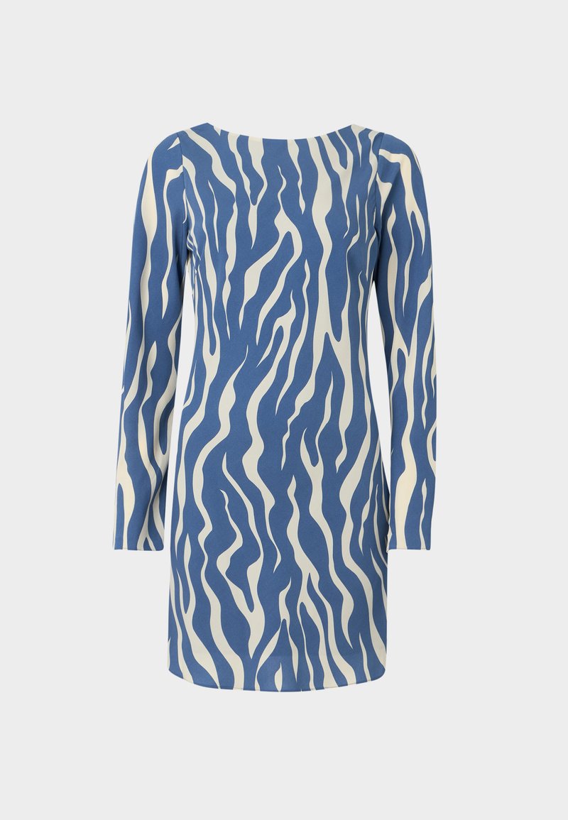 Blau- und crèmefarbenes Langarmkleid mit Wellenmuster, Rundhalsausschnitt und schmalem Schnitt, aus einem glatten Stoff hergestellt.