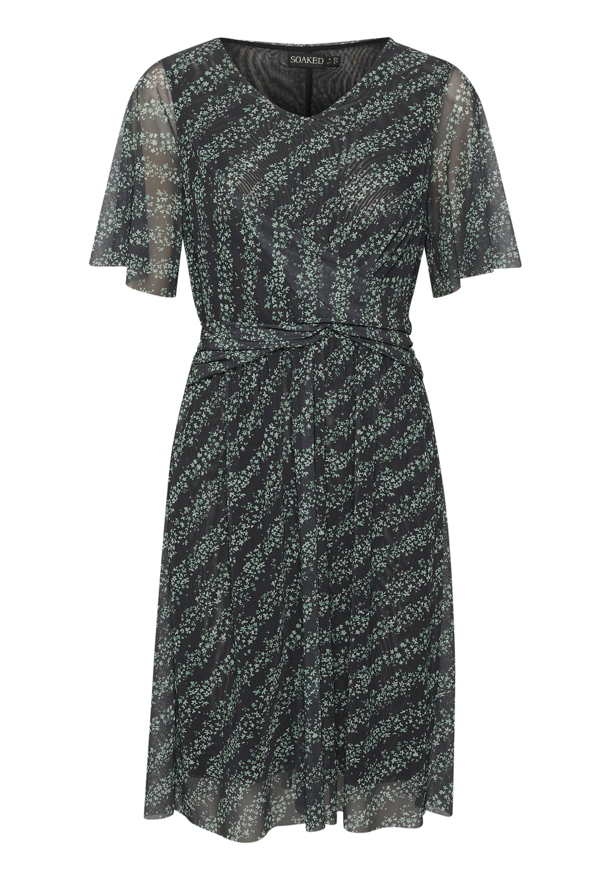 Schwarzes Kleid mit kurzen, transparenten Ärmeln. Besitzt einen V-Ausschnitt und ein Gürteldetail in der Taille. Mit einem grünen Blumenmuster dekoriert.
