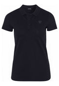 Schwarzes Poloshirt mit geripptem Muster, kurzen Ärmeln, klassischem Kragen und Dreiknopfleiste. Verfügt über ein kleines, auf der Brust gesticktes Logo.