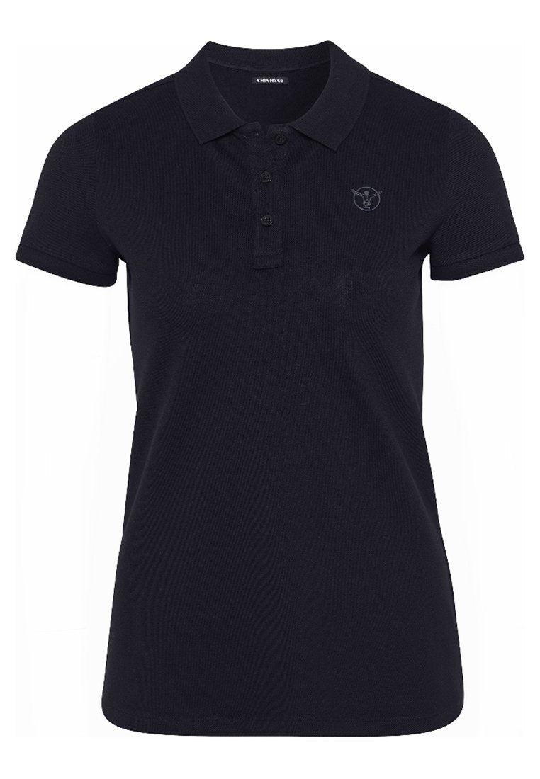 Schwarzes Poloshirt mit geripptem Muster, kurzen Ärmeln, klassischem Kragen und Dreiknopfleiste. Verfügt über ein kleines, auf der Brust gesticktes Logo.