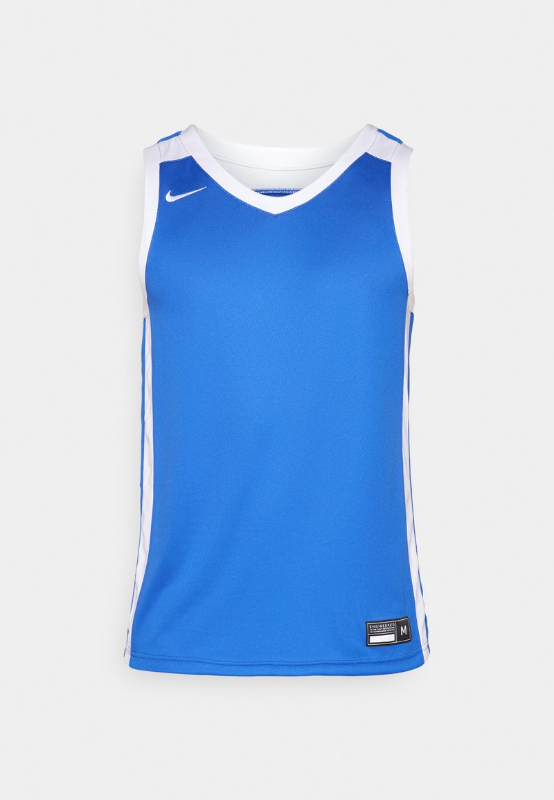 Blaues ärmelloses Sporttrikot mit weißem Saum, Nike-Logo auf der rechten Brust und Größenetikett am unteren linken Saum.