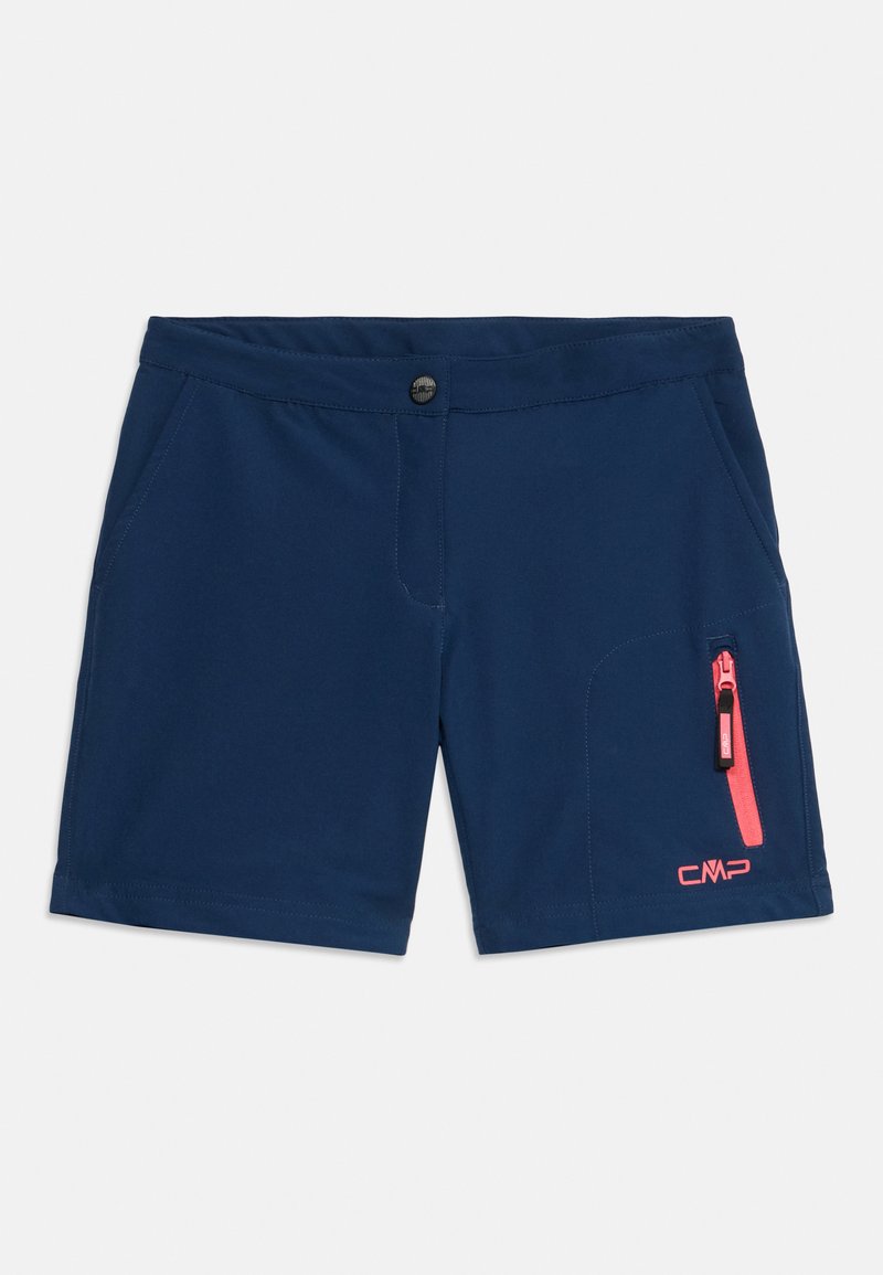 Marineblaue Shorts aus Stretchgewebe, mit einer Reißverschlusstasche in Pink und einem Logo an der unteren Vorderseite.