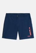 Marineblaue Shorts aus Stretchgewebe, mit einer Reißverschlusstasche in Pink und einem Logo an der unteren Vorderseite.