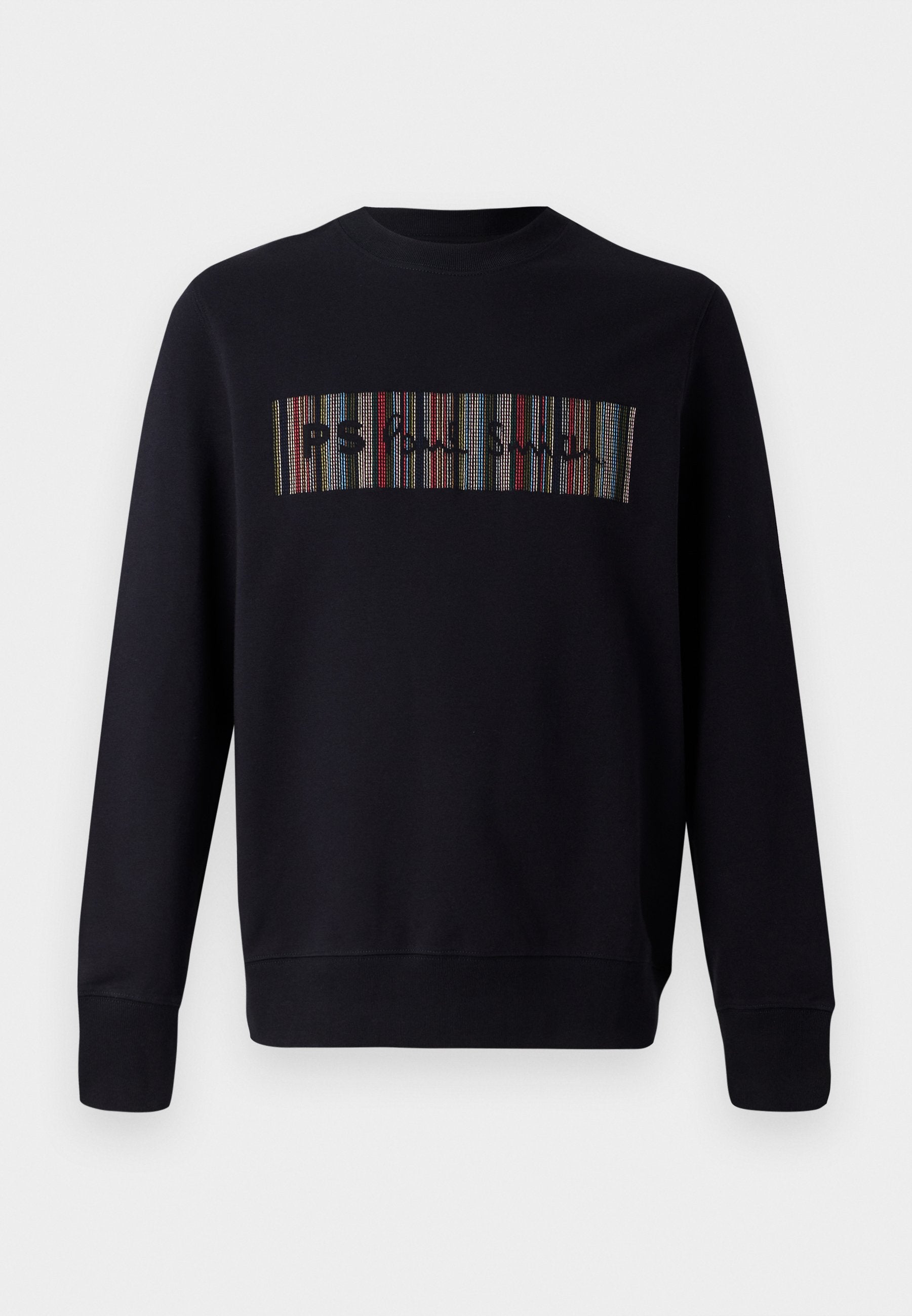 Schwarzer Sweatshirt mit Rundhalsausschnitt, verfügt über mehrfarbige gestickte Streifen auf der Vorderseite mit dem Text "PS." Mit gerippten Ärmelabschlüssen und Saum.