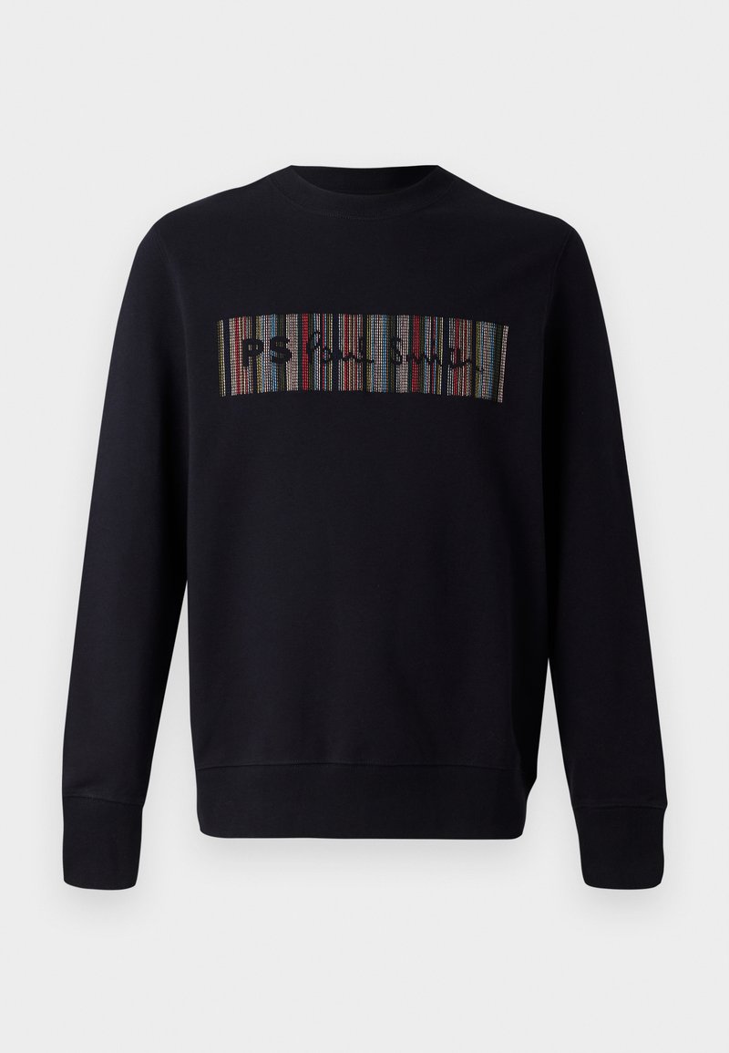 Schwarzer Sweatshirt mit Rundhalsausschnitt, verfügt über mehrfarbige gestickte Streifen auf der Vorderseite mit dem Text "PS." Mit gerippten Ärmelabschlüssen und Saum.