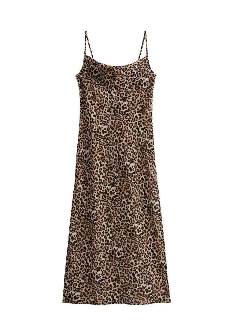 Kleid mit Leopardenmuster und dünnen, verstellbaren Trägern. Leichter Stoff, knielang, mit einer Mischung aus tanfarbenen, braunen und schwarzen Flecken. Glatte Textur.