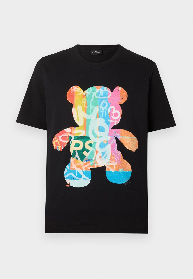 Schwarzes T-Shirt mit kurzen Ärmeln und buntem Teddybär-Grafik, die abstrakte Graffiti-Muster und Buchstaben auf der Vorderseite zeigt.