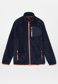 Marineblaue Fleecejacke mit orangen Reißverschlüssen und Akzenten. Verfügt über einen durchgehenden Frontreißverschluss, einen hohen Kragen und eine Brusttasche mit Reißverschluss. Weiche Textur.