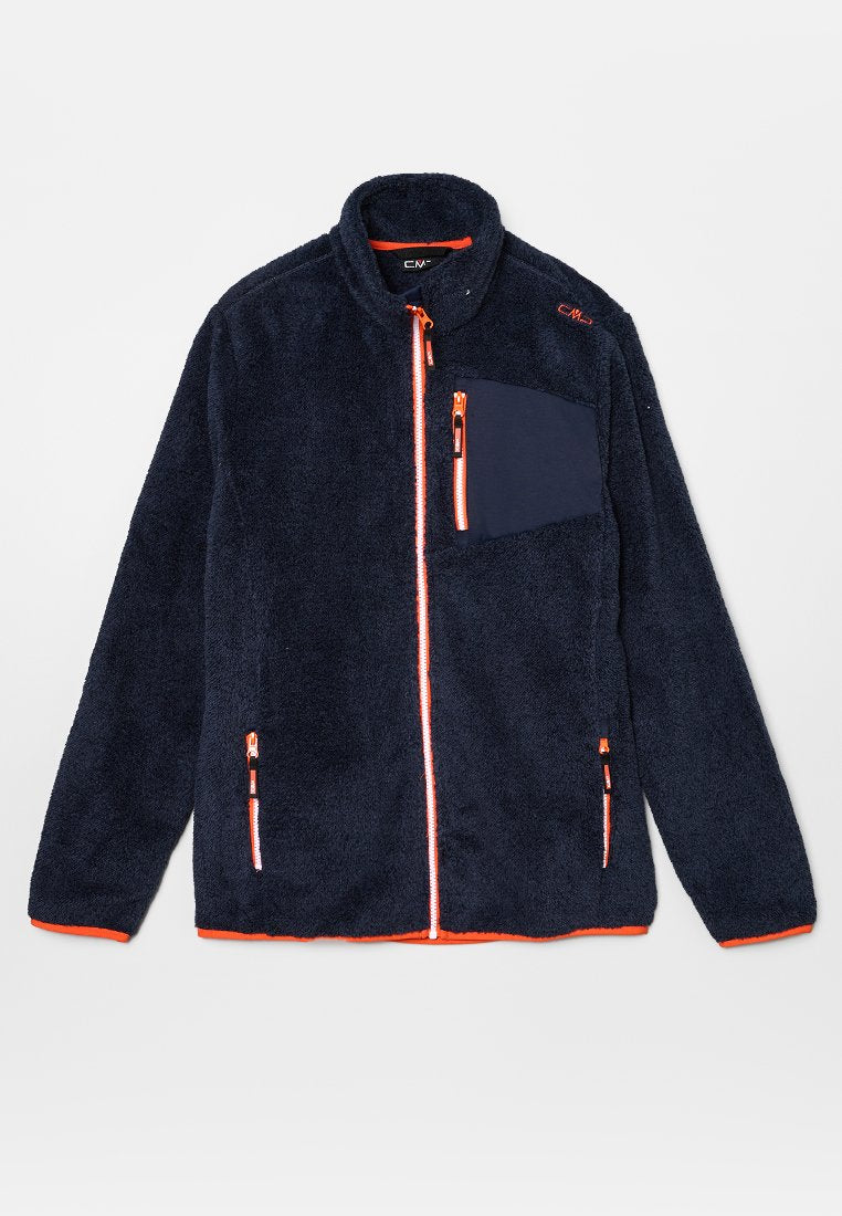 Marineblaue Fleecejacke mit orangen Reißverschlüssen und Akzenten. Verfügt über einen durchgehenden Frontreißverschluss, einen hohen Kragen und eine Brusttasche mit Reißverschluss. Weiche Textur.