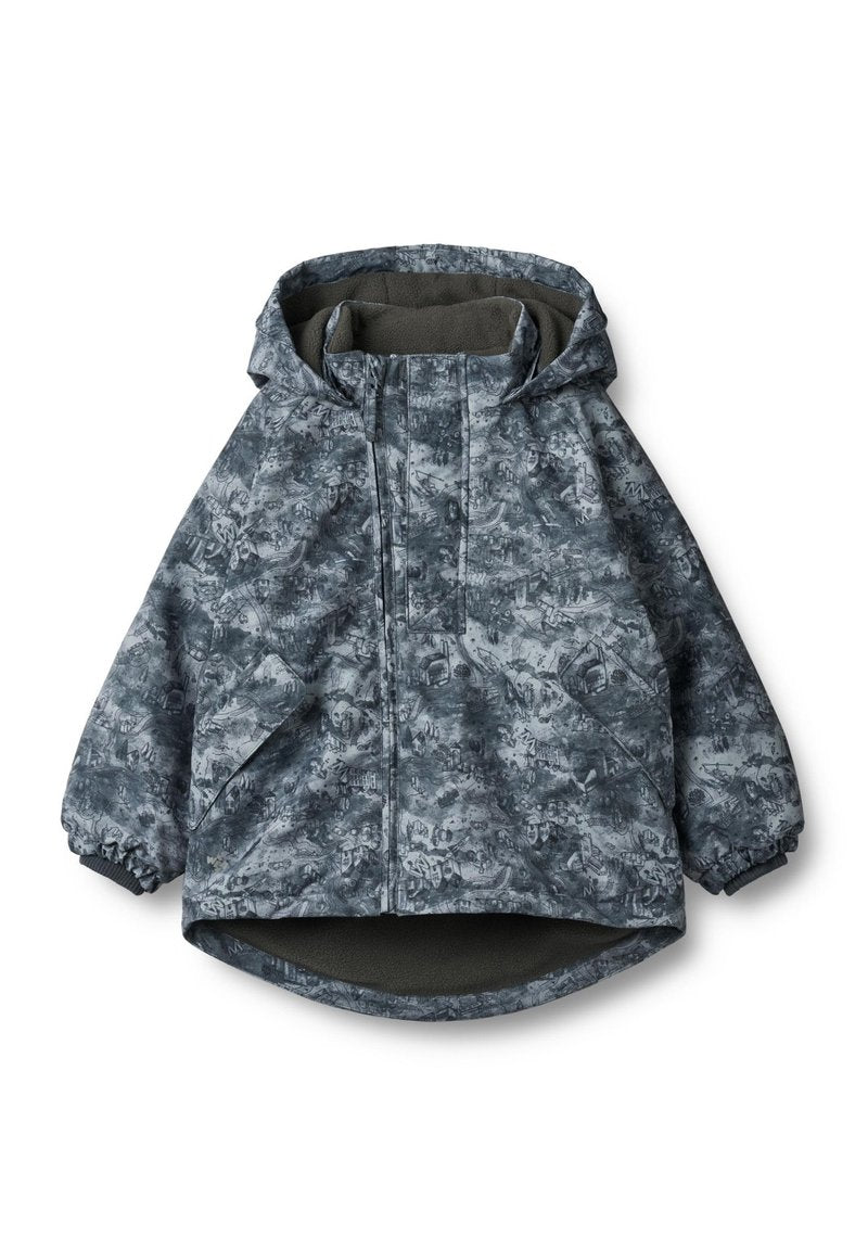 Grau gemusterte Jacke mit Kapuze, die einen Reißverschluss, elastische Bündchen und ein weich strukturiertes Futter bietet. Der Stoff hat eine wasserabweisende Beschichtung.