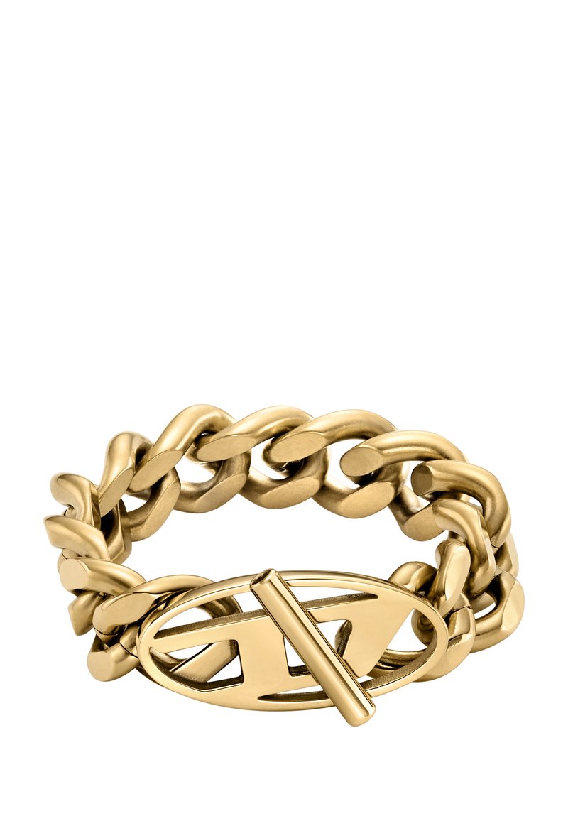 Goldene Kettenarmband mit miteinander verbundenen Gliedern, verfügt über eine strukturierte Oberfläche und einen ovalen Toggle-Verschluss. Verstellbar für die optimale Passform.
