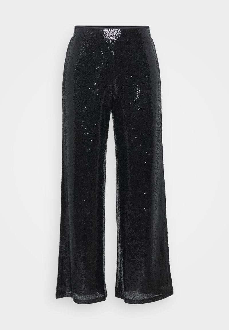 Schwarze Paillettenhosen mit weit geschnittener Beinform und elastischem Bund. Sie verfügen über eine glatte Textur und glänzende Oberflächen, die das Licht reflektieren.