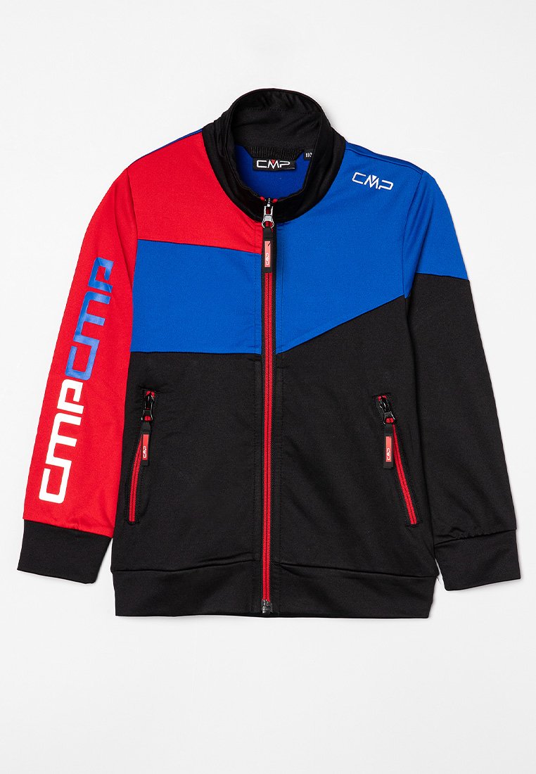 Schwarze, rote und blaue Zip-Jacke mit hohem Kragen, ausgestattet mit einem geometrischen Design, zwei seitlichen Taschen mit Reißverschlüssen und Logopunkten.