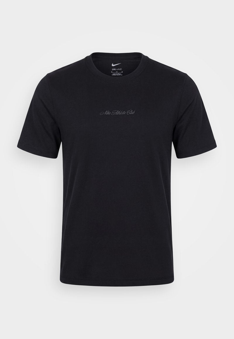 Schwarzes Nike Dri-FIT T-Shirt mit kurzen Ärmeln und kleinem "Nike Athlete Club" Schriftzug in der Brustmitte.