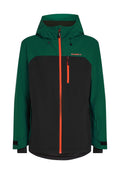 Grüne und schwarze Jacke mit Kapuze, ausgestattet mit orangefarbenen Reißverschlüssen, einer zipbaren Brusttasche und verstellbaren Bündchen. Hergestellt aus wetterfestem Material.