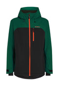 Grüne und schwarze Jacke mit Kapuze, ausgestattet mit orangefarbenen Reißverschlüssen, einer zipbaren Brusttasche und verstellbaren Bündchen. Hergestellt aus wetterfestem Material.