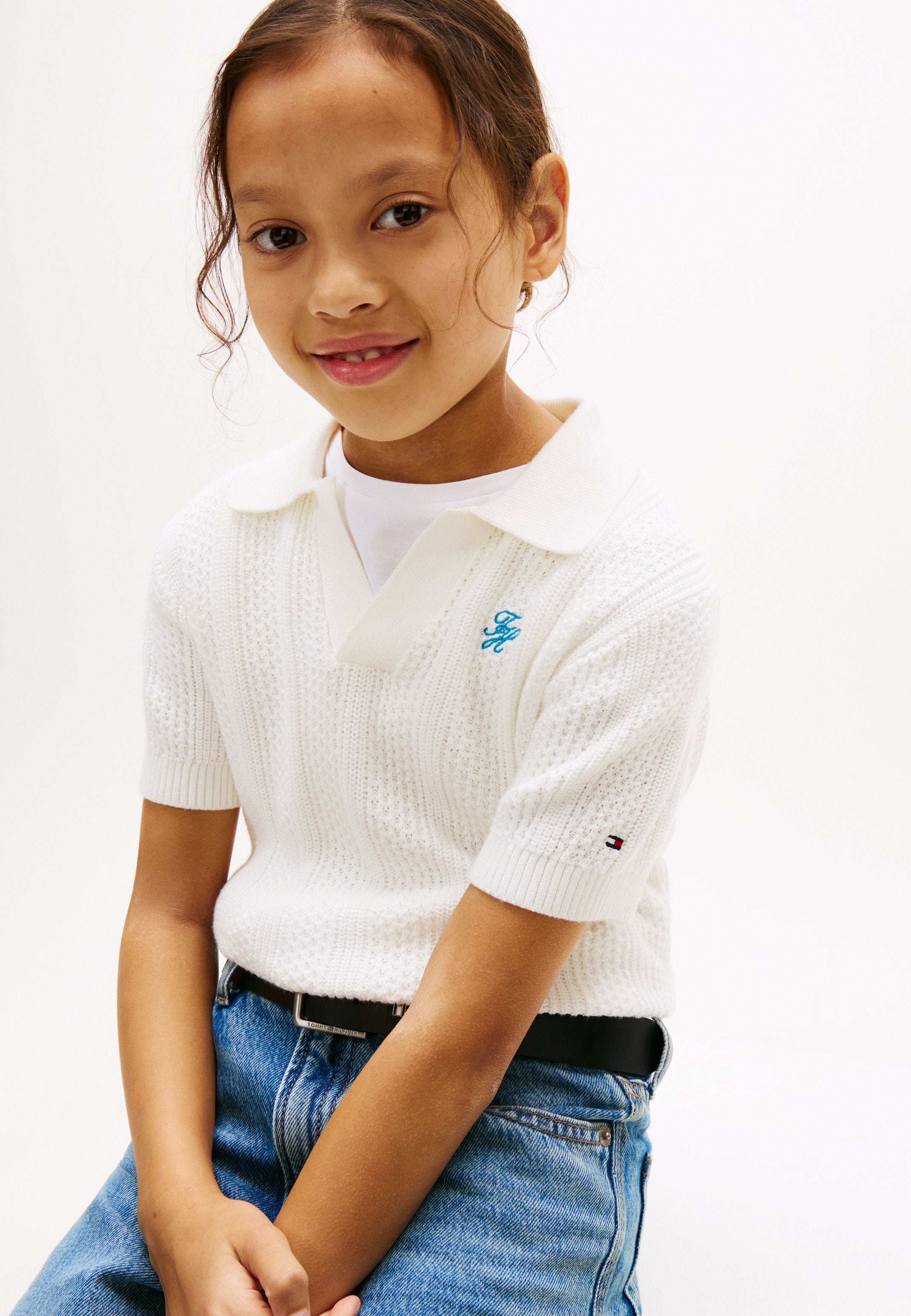 CROCHET OPEN PLACKET POLO TOP Media 5