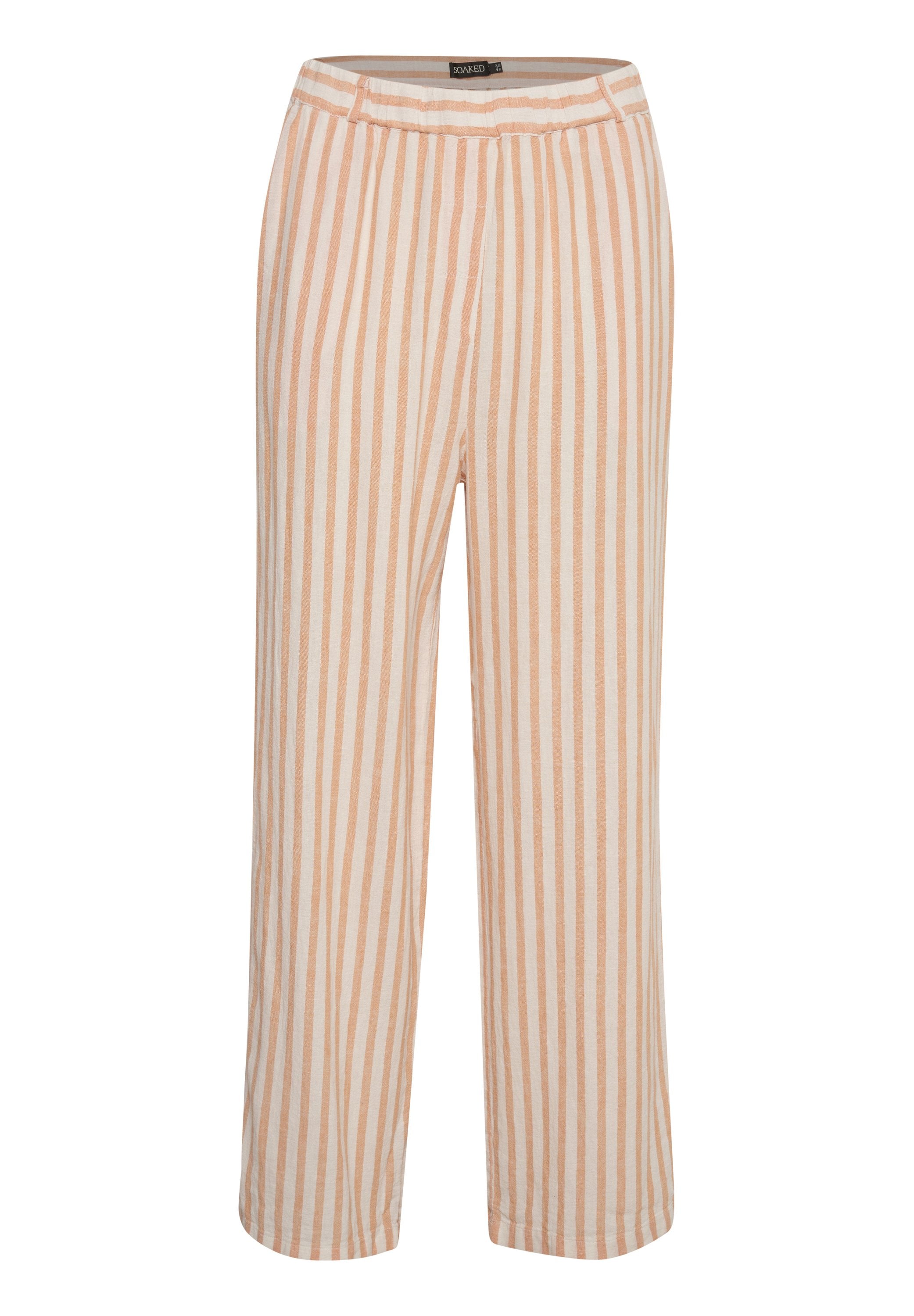 Leichte Leinenhosen mit horizontalen cremefarbenen und pfirsichfarbenen Streifen, ausgestattet mit einem elastischen Bund und einem weit geschnittenen Design. Sanfte Textur.
