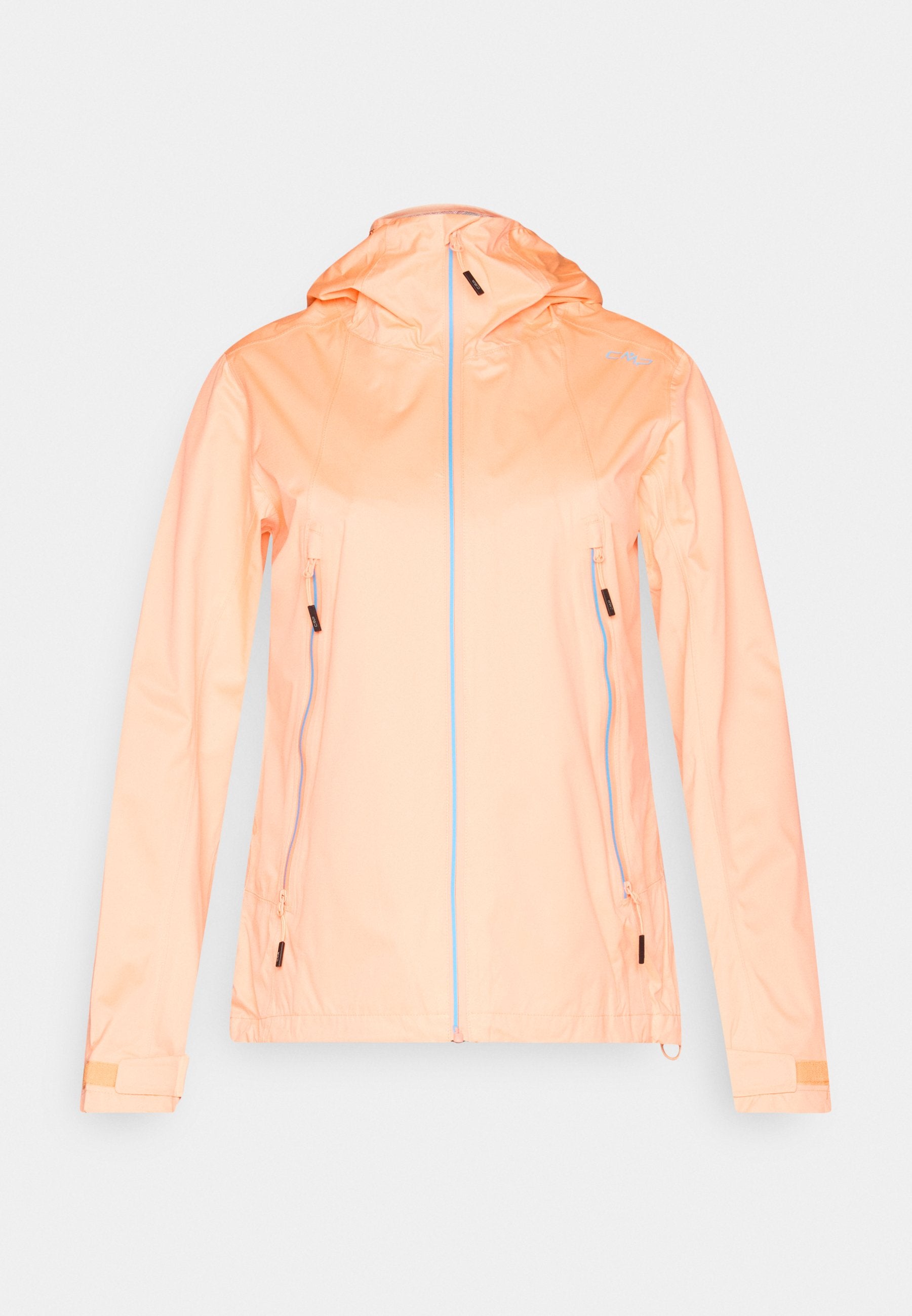 Hellorangene Kapuzenjacke mit Frontreißverschluss und zwei Reißverschlusstaschen, langen Ärmeln mit verstellbaren Bündchen.