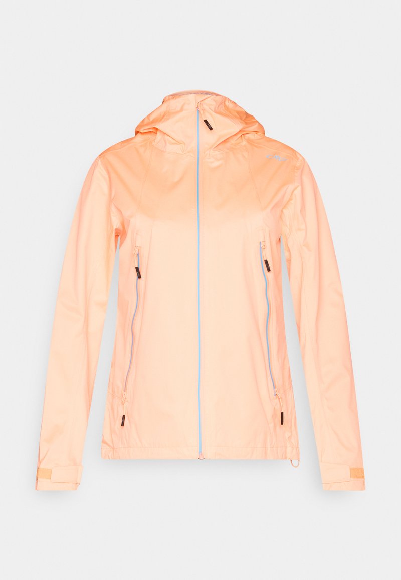 Hellorangene Kapuzenjacke mit Frontreißverschluss und zwei Reißverschlusstaschen, langen Ärmeln mit verstellbaren Bündchen.