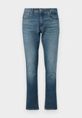 Helle blaue Jeans aus Denim mit geradem Bein, ausgestattet mit einem Reißverschluss, Knopfverschluss und fünf Taschen im dezenten Verwaschungsstil.