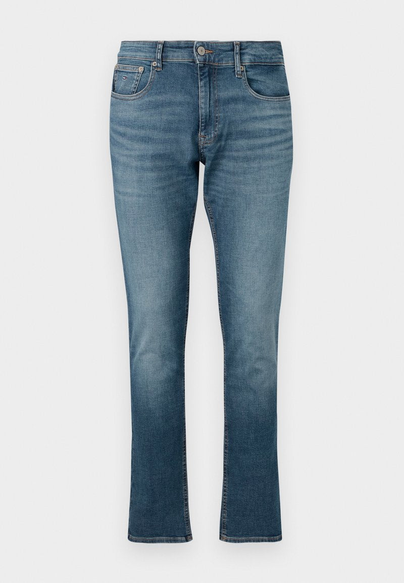 Helle blaue Jeans aus Denim mit geradem Bein, ausgestattet mit einem Reißverschluss, Knopfverschluss und fünf Taschen im dezenten Verwaschungsstil.