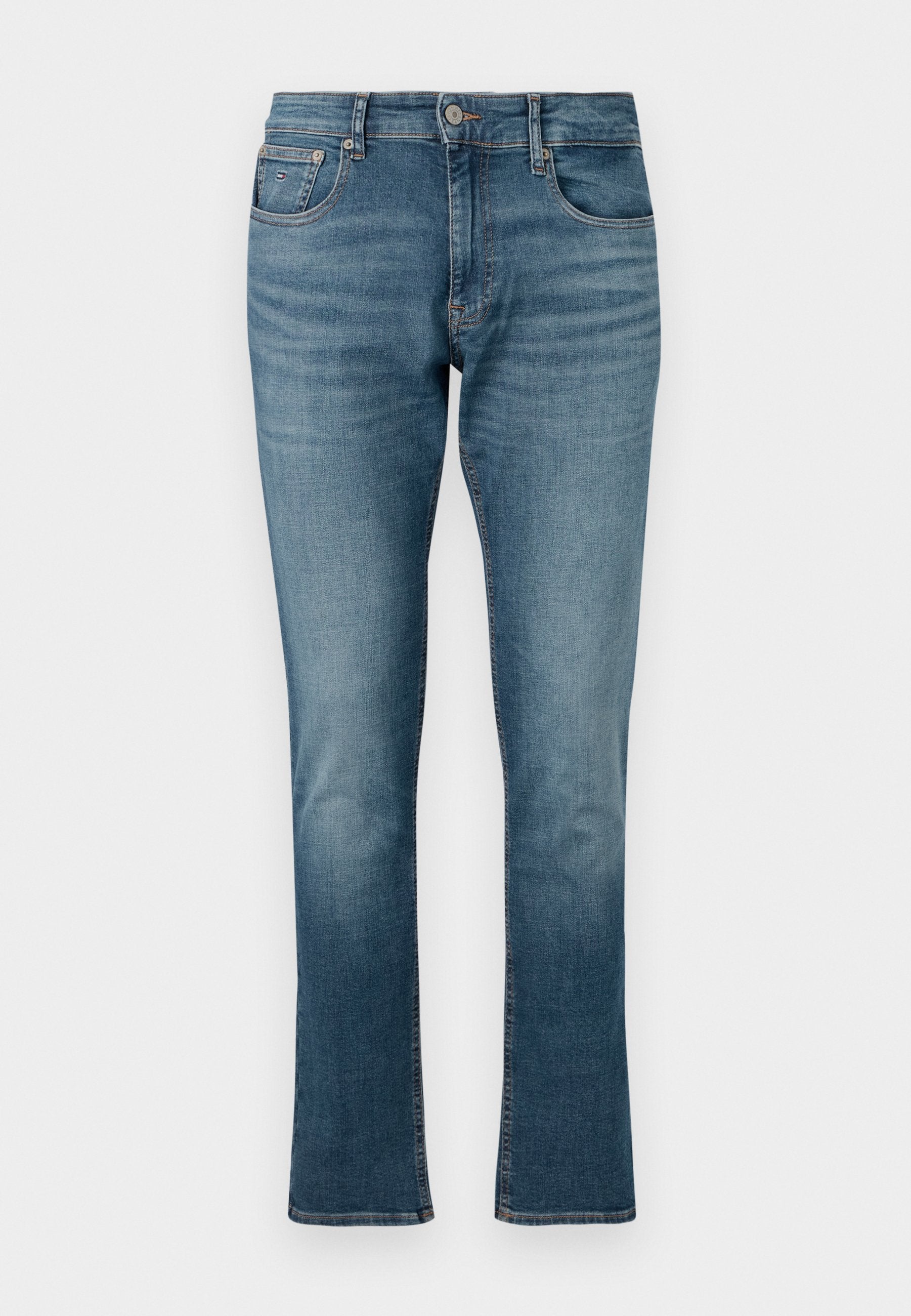 Helle blaue Jeans aus Denim mit geradem Bein, ausgestattet mit einem Reißverschluss, Knopfverschluss und fünf Taschen im dezenten Verwaschungsstil.