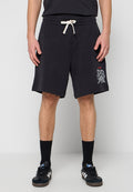 Schwarze Shorts aus weichem Stoff mit elastischem Bund und Kordelzug. Bedrucktes Logo in Grau und Rot auf dem linken Bein.