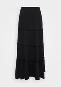 Schwarzer Maxikleid aus leichtem Stoff, mit drei Stufen und Rüschenkanten sowie einem elastischen Bund für Komfort.