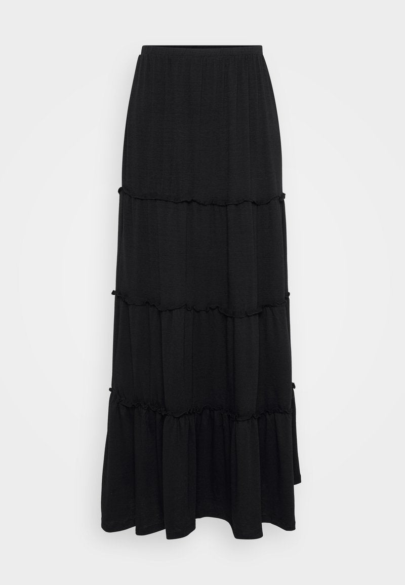Schwarzer Maxikleid aus leichtem Stoff, mit drei Stufen und Rüschenkanten sowie einem elastischen Bund für Komfort.