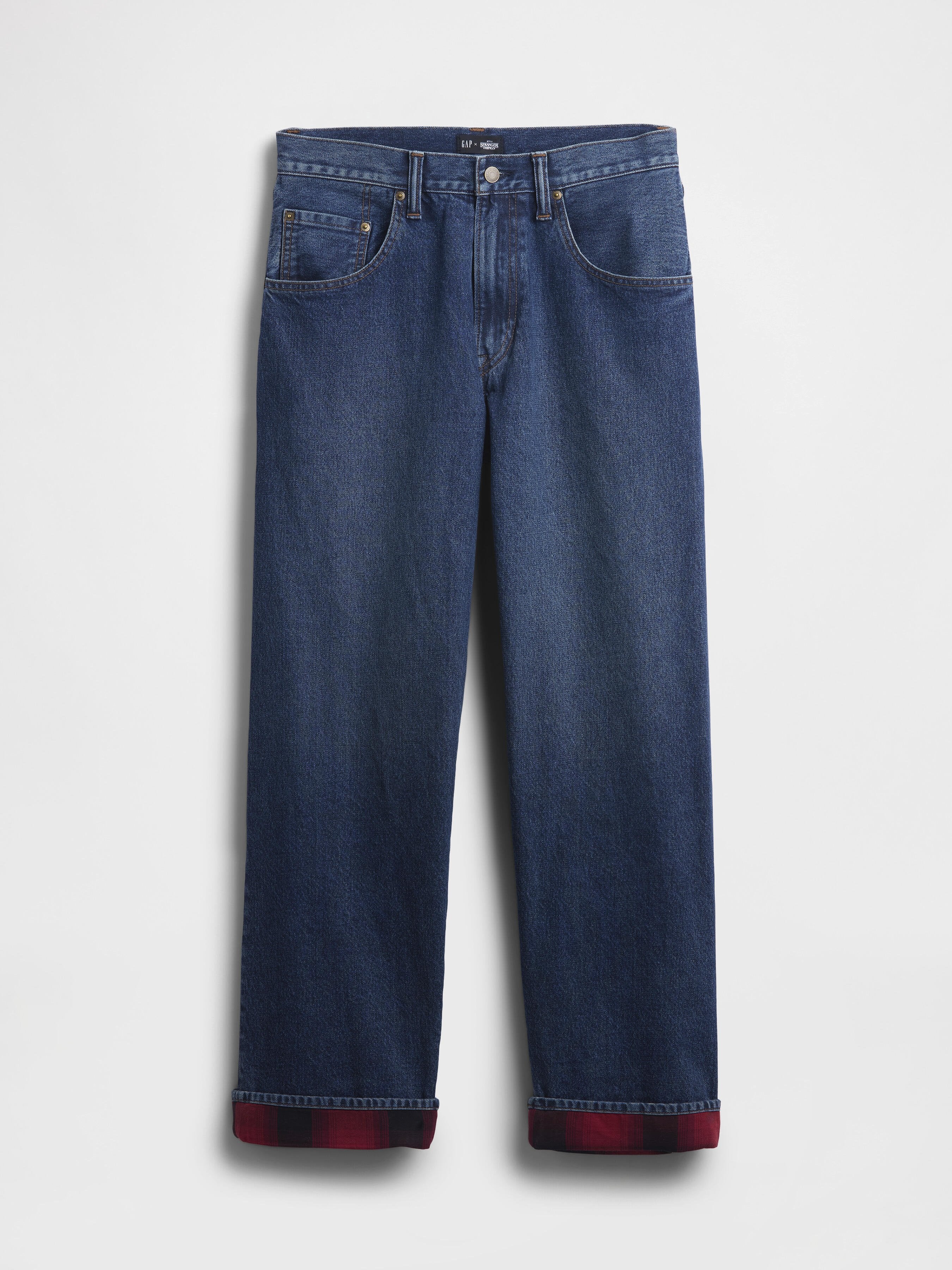 Blaue Jeans aus Denim mit geradem Bein, ausgestattet mit roten karierte Bündchen und klassischen frontalen Taschen. Strapazierfähiger Stoff mit sichtbaren Nahtdetails.