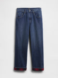 Blaue Jeans aus Denim mit geradem Bein, ausgestattet mit roten karierte Bündchen und klassischen frontalen Taschen. Strapazierfähiger Stoff mit sichtbaren Nahtdetails.