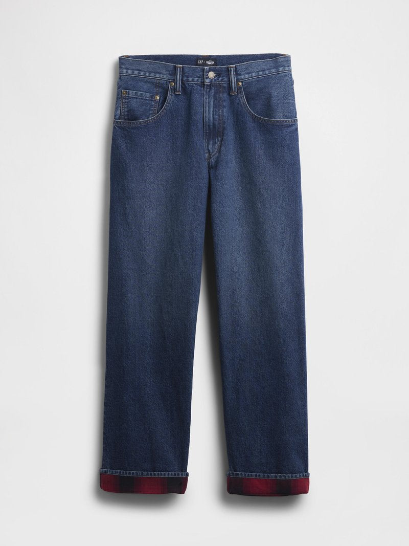 Blaue Jeans aus Denim mit geradem Bein, ausgestattet mit roten karierte Bündchen und klassischen frontalen Taschen. Strapazierfähiger Stoff mit sichtbaren Nahtdetails.