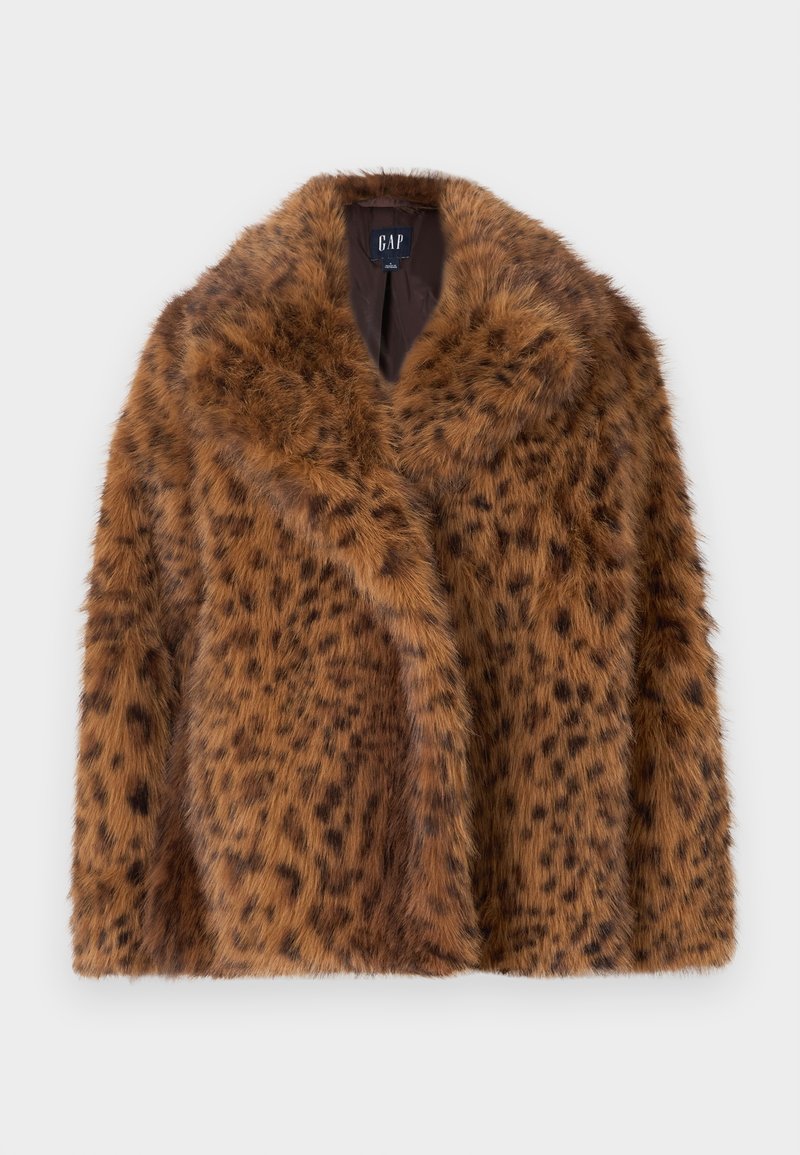 Brauner Kunstpelzmantel mit Leopardenmuster, mit weitem Kragen und weicher Textur. Offenes Vorderteil, keine sichtbaren Knöpfe oder Verschlüsse.