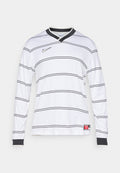 Weißes Langarmtrikot mit schwarzen horizontalen Streifen, einem V-Ausschnitt mit schwarzem Besatz und einem Nike-Logo auf der oberen linken Brust.